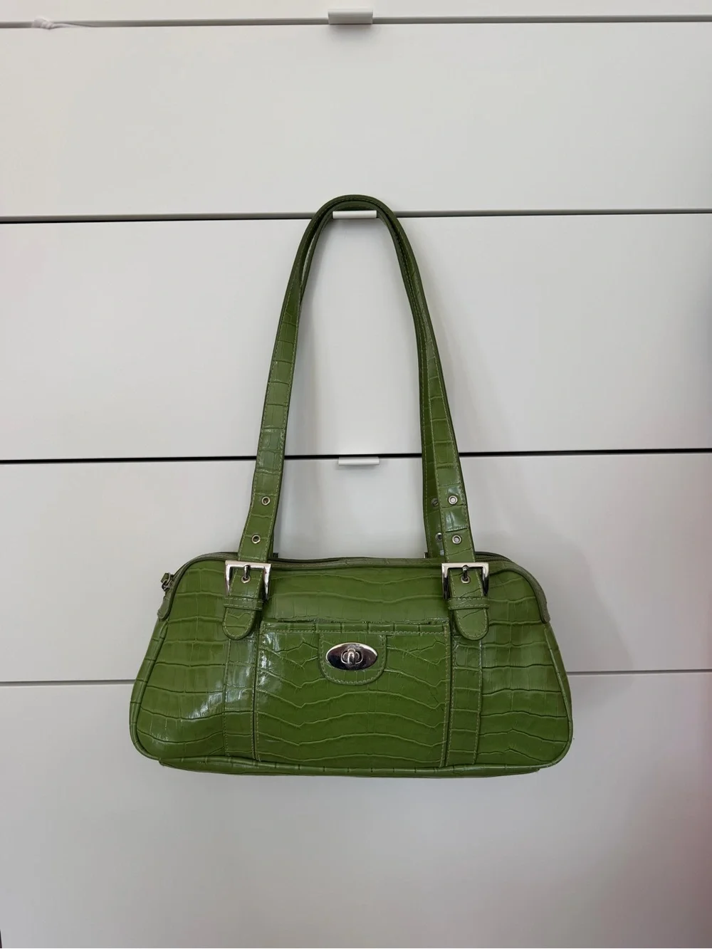 Green Croc-Effect Shoulder Bag